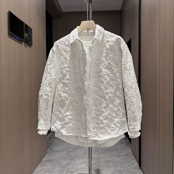 2026 Summer Men's New Trend Fashion Retro Dovetail Three-dimensional Jacquard Versatile Lapel Casual Long-sleeved Shirt Jacket_viptrois.com