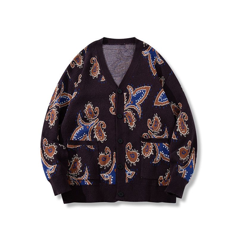 Trendy V-Neck Knit Cardigan – Couple’s Matching Jacquard Sweater (Brown, S/M/L/XL)_viptrois.com