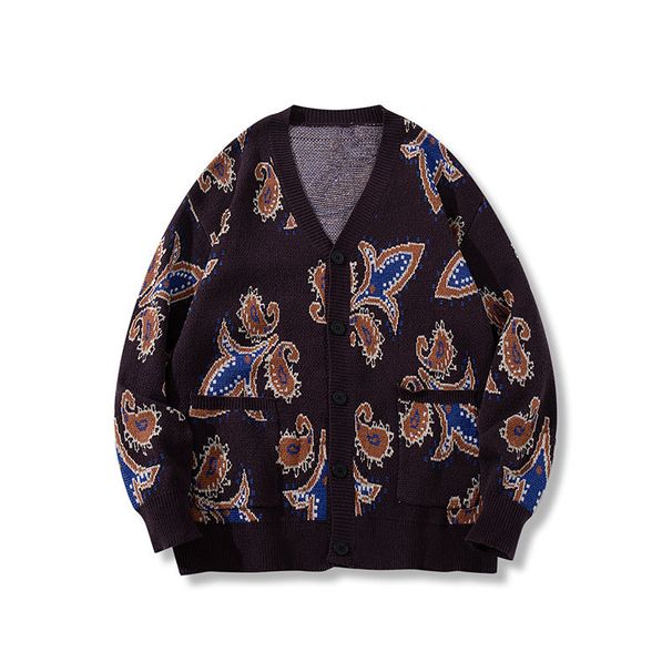 Trendy V-Neck Knit Cardigan – Couple’s Matching Jacquard Sweater (Brown, S/M/L/XL)_viptrois.com