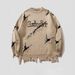Men's Distressed Jacquard Knit Sweater – Raw Edge Letter Design Oversized Pullover (Fruit Green/Black/Khaki/Dark Gray/Apricot, Sizes S-XXL)_viptrois.com