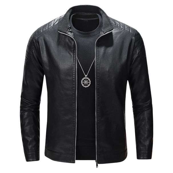 Stand-up Collar Leather Jacket Men's Motorcycle Jacket Autumn And Winter Leather Jacket Slim Handsome Men's Clothing_viptrois.com