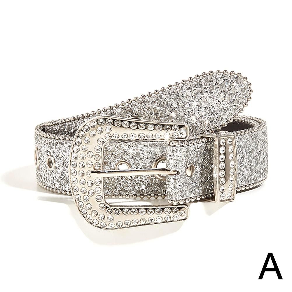 Skull Rivets Rhinestone Bb Belt Trendy Monochrome Sparkling Pu Leather Belt Cowboy Cowgirl Jeans Pants Belt For Women Girl_viptrois.com