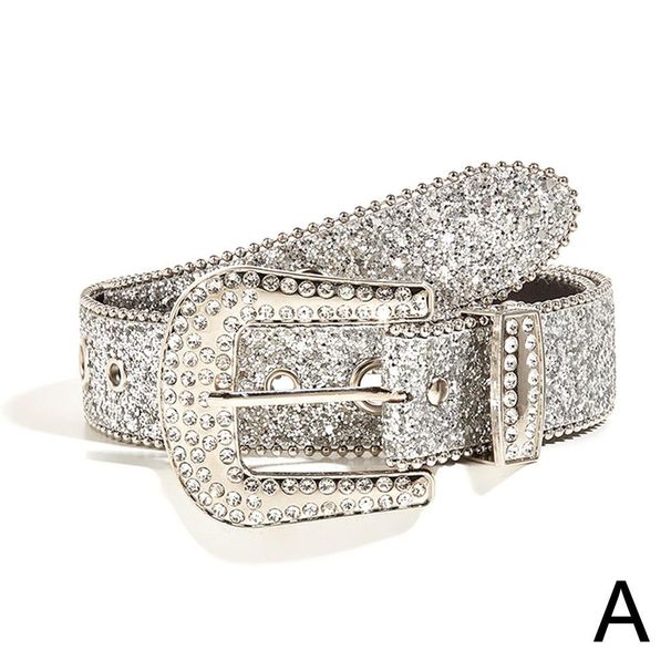 Skull Rivets Rhinestone Bb Belt Trendy Monochrome Sparkling Pu Leather Belt Cowboy Cowgirl Jeans Pants Belt For Women Girl_viptrois.com