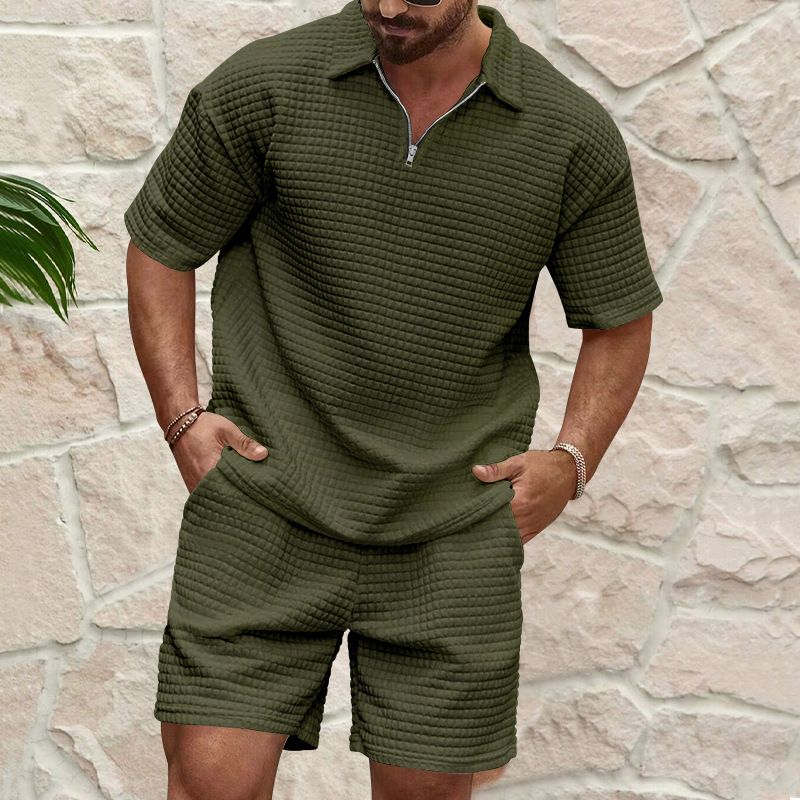Men's Clothing Men's Summer Suit Casual Fashion Small Check Solid Color Lapel Short Sleeve Suit Shorts For Formal & Casual_viptrois.com