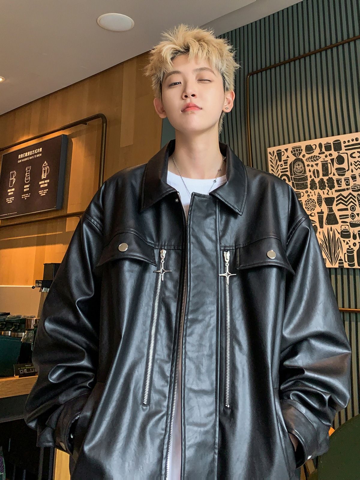 Men's Clothing Leather Jacket High End Handsome Street Loose Casual High Street Motorcycle Pu Leather Jacket_viptrois.com