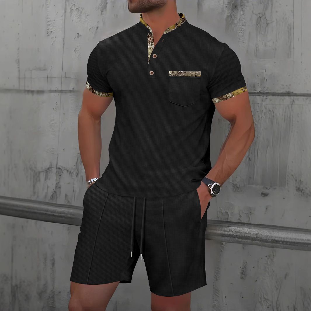 Men's Waffle Knit Short Sleeve Stand Collar Shirt & Shorts Set - Summer Casual Outfit With Color Block Design_viptrois.com