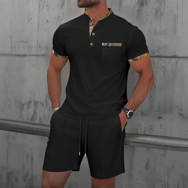 Men's Waffle Knit Short Sleeve Stand Collar Shirt & Shorts Set - Summer Casual Outfit With Color Block Design_viptrois.com