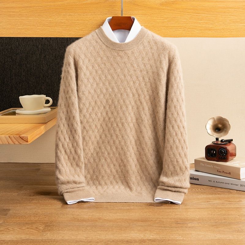 Nordmann 100% Cashmere Winter Thickened Jacquard Round Neck Casual Loose Knitted Base Shirt Sweater For Men_viptrois.com