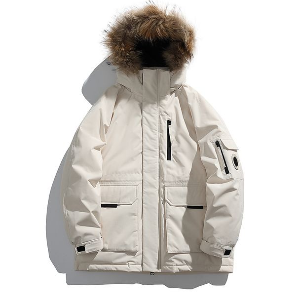 Men's Clothing Mid Length Workwear Style Hooded Down Jacket With Fur Collar, Suitable For Men And Women, Winter Outdoor Warm And Thick Coat_viptrois.com