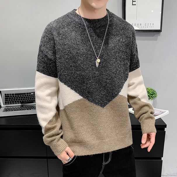 Autumn Winter New Trendy Loose Round Neck Thickened Warm Base Knitted Sweater Coat Men's Clothing_viptrois.com
