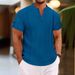 Men's Clothing Summer Polyester Cotton Short Sleeve Button Pleated Solid Color V Neck Casual Style Henry Shirt_viptrois.com