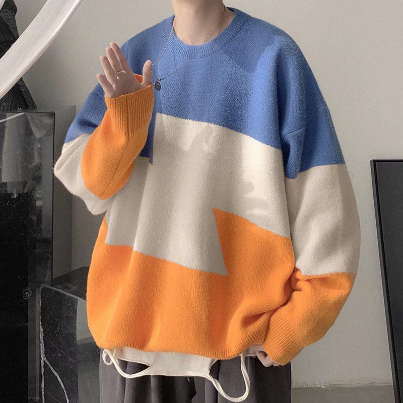 New trendy brand color blocking round neck warm sweater for autumn and winter, men's spliced knit sweater jacket_viptrois.com