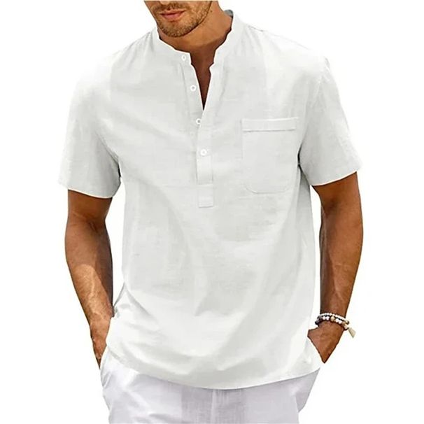 Cotton Linen Shirt Men Henley Neck Pocket Casual Beach Short Sleeve Solid Color Male Tops T-shirts Vintage Streetwear_viptrois.com