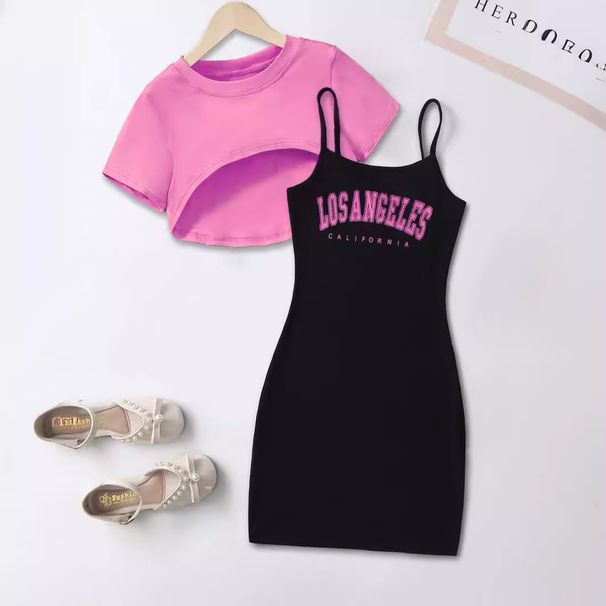 Mother & Kids Girls' letter print suspenders slim black skirt pink purple short pullover small jacket two-piece suit_viptrois.com