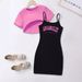 Mother & Kids Girls' letter print suspenders slim black skirt pink purple short pullover small jacket two-piece suit_viptrois.com