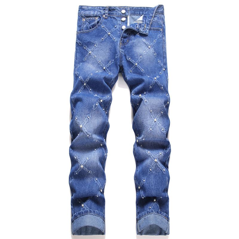 Punk Dark Blue Beaded Fashion Trend Non Elastic Loose Straight Men's Jeans_viptrois.com