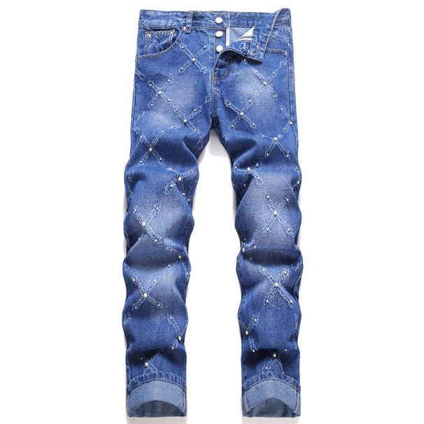 Punk Dark Blue Beaded Fashion Trend Non Elastic Loose Straight Men's Jeans_viptrois.com