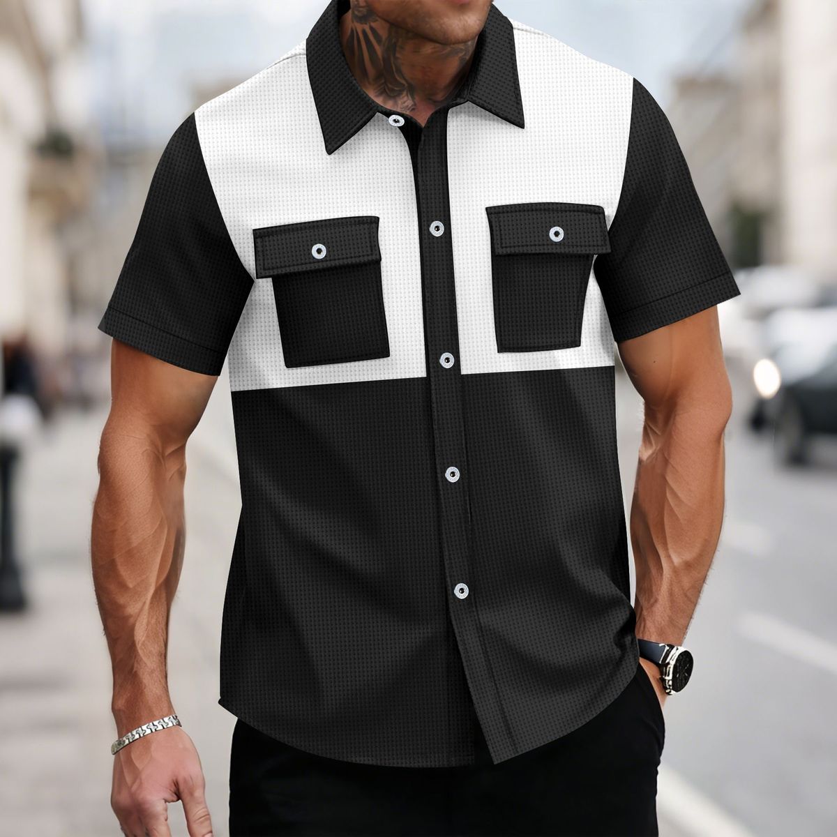 Men's Clothing European And American Summer New Men's Hot Selling Waffle Lapel Four Breasted Double Pocket Color Matching Casual Short Sleeved Shirt_viptrois.com