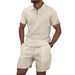 Men's Clothing New Waffle Zipper Solid Color Lapel Short Sleeved T Shirt Shorts Casual Suit_viptrois.com