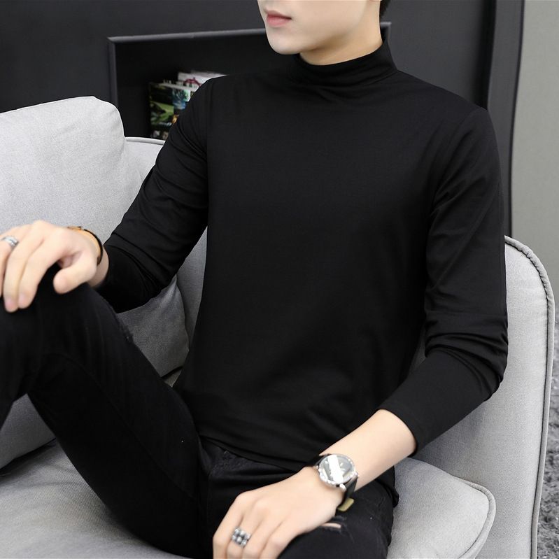 Autumn Winter 95% Cotton Long Sleeve T-Shirt Solid Color Thickened Mid-Neck Base Shirt High Neck Warm Men's Clothing_viptrois.com