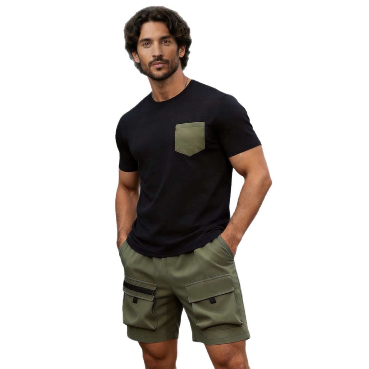 Men's Lazy Crew Neck Tracksuit Summer Short Sleeve T-Shirt with Pocket Color Block Drawstring Shorts Trendy Youthful Top_viptrois.com