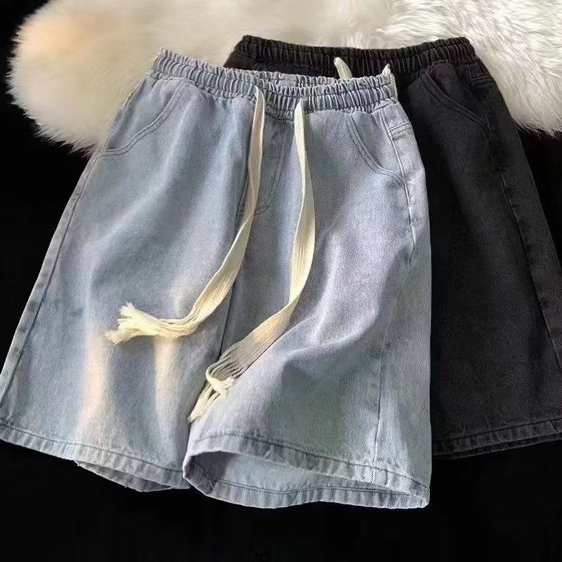 Men's Clothing Denim Shorts Men's Summer Casual Denim Shorts Drawstring Elastic Waist Loose Retro High Street Pants_viptrois.com