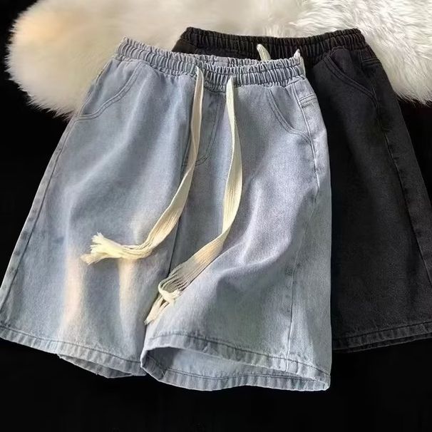 Men's Clothing Denim Shorts Men's Summer Casual Denim Shorts Drawstring Elastic Waist Loose Retro High Street Pants_viptrois.com