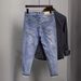 Men's Cropped Jeans New Summer Autumn Korean Style Trendy Slim Fit Versatile Design Pants_viptrois.com