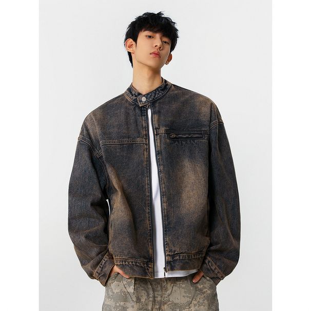 American Washed Denim Men, Loose Fashionable For Spring And Autumn, Casual Workwear, Stand Up Collar Jacket_viptrois.com