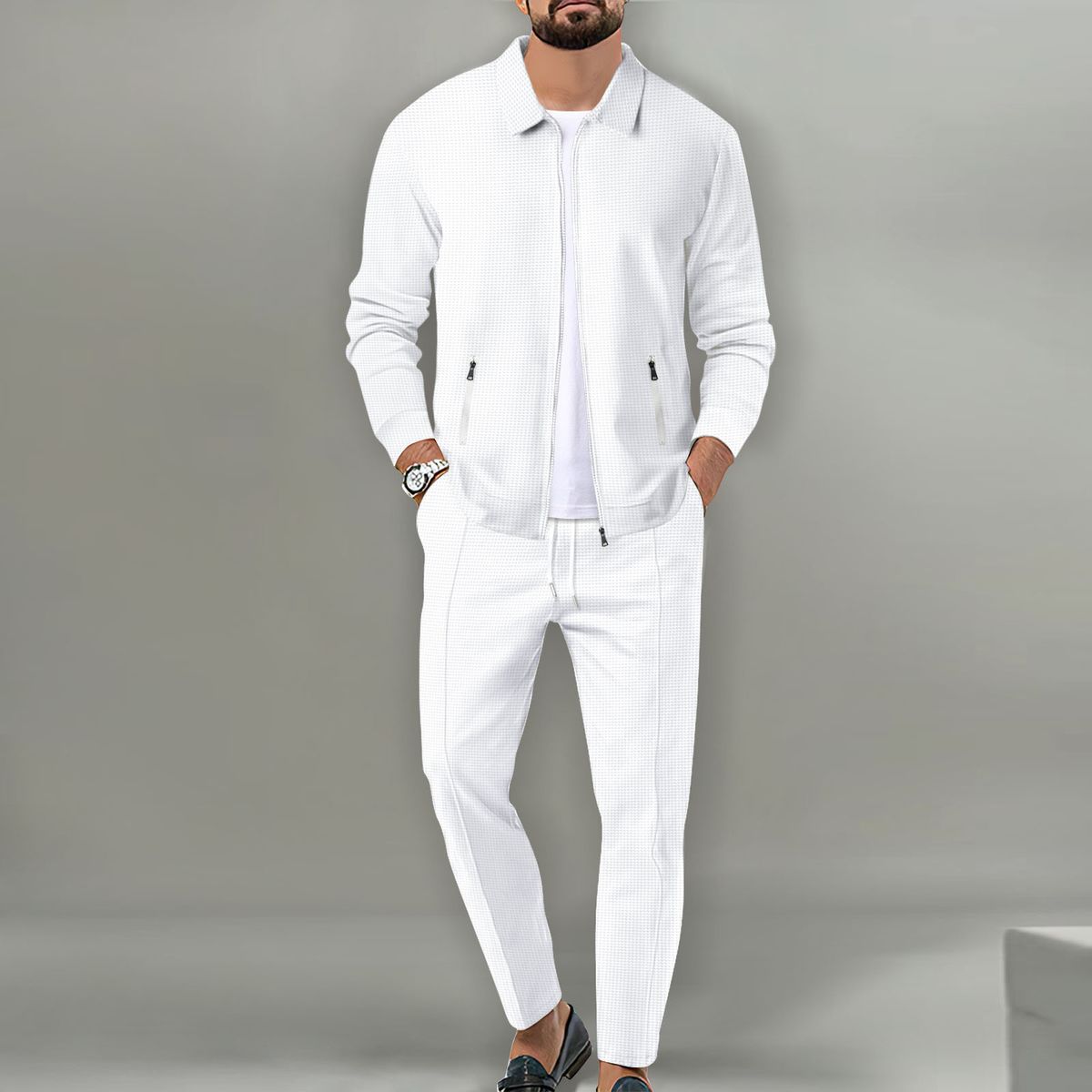 2024 Coat Autumn Youth Waffle Zip Pocket Flip Collar Slim Fit Cardigan Men's Jacket Set_viptrois.com