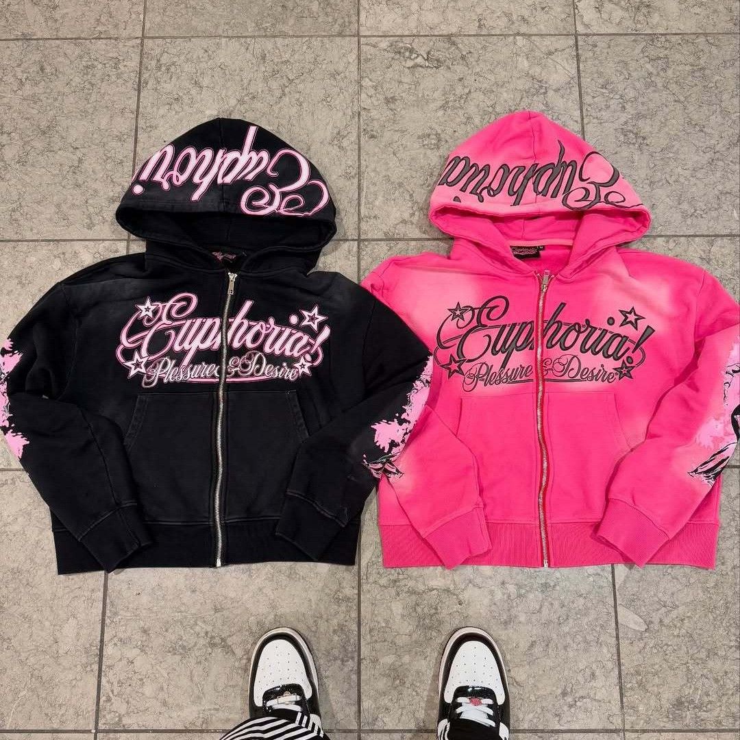 Y2K European American Style Cross Border Zip up Hooded Sweatshirt Men's Retro Washed Couple Jacket Letter Print_viptrois.com