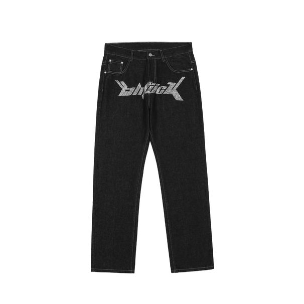 Man's Clothing Dark Letter-print Jeans Men's High Street Style Loose Leg Casual Straight Leg Pants_viptrois.com