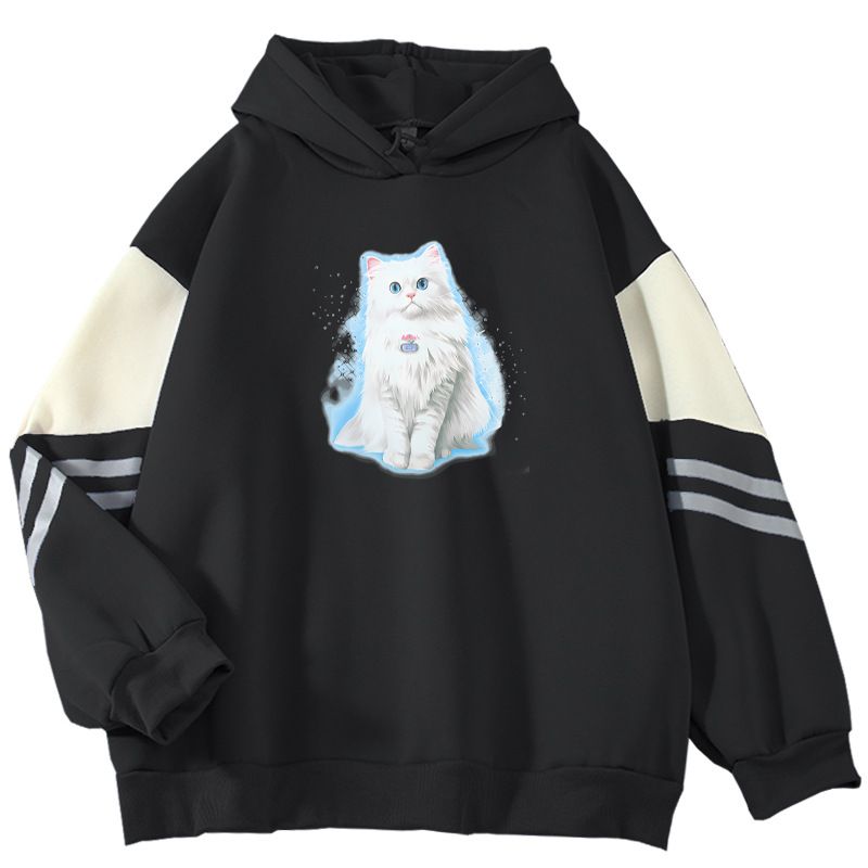 American Style Color Block For Men, Loose Fit, Niche Cat Print Pullover, Cool Outerwear Sweatshirt_viptrois.com