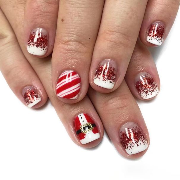 Short Glitter Square Armor 2024 New Christmas Red and White Gradient Glitter Stripe Removable Wear Manicure 24 Pieces_viptrois.com