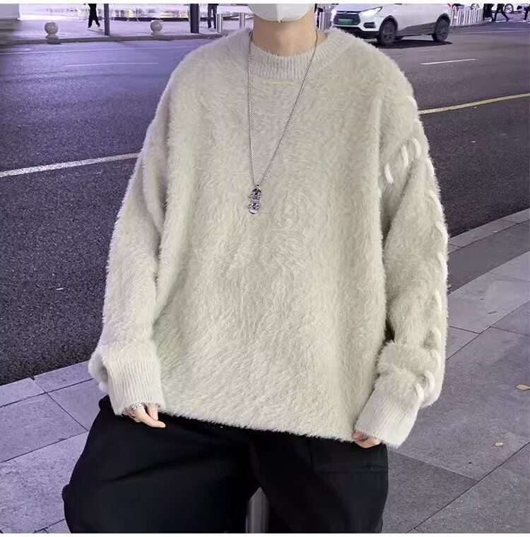 Winter new mink fur sweater men's round neck trendy brand niche design retro knit sweater_viptrois.com