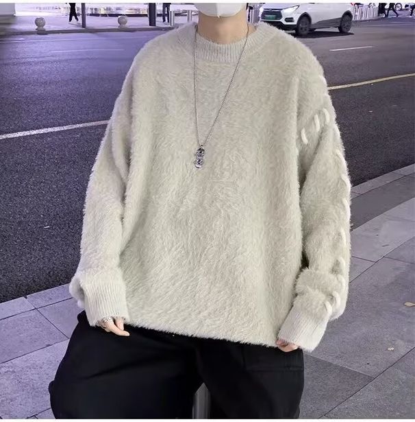 Winter new mink fur sweater men's round neck trendy brand niche design retro knit sweater_viptrois.com