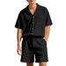 Men's 2 Piece Suit Lapel Cardigan And Shorts Set Summer Vertical Striped Solid Color Short Sleeved American Style_viptrois.com