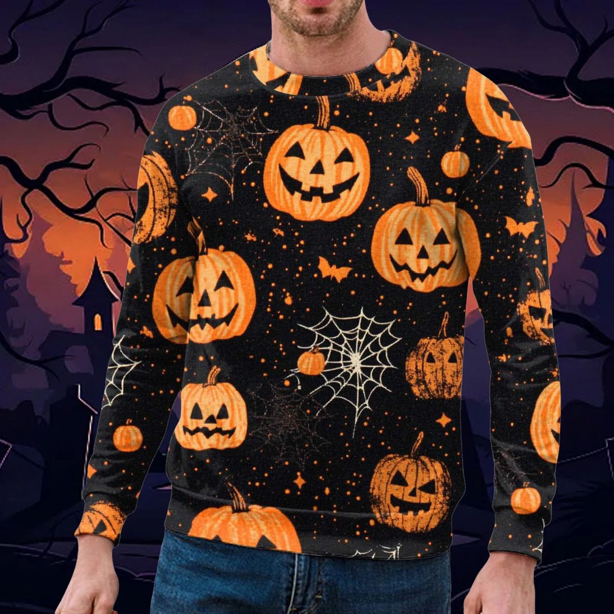 Halloween Graphic Sweatshirt – Spooky Pumpkin & Spider Web Print (S-5XL, Polyester, Oversized Fit)_viptrois.com