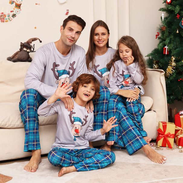 Christmas parent-child grid cartoon deer Christmas parent-child outfit printed home dress pajamas_viptrois.com