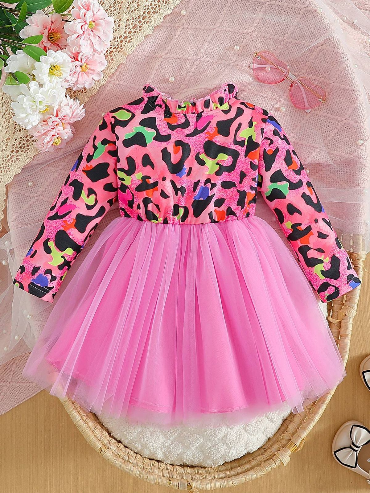 Kids' Clothing Platform Baby Girl Long Sleeved Printed Mesh Dress_viptrois.com