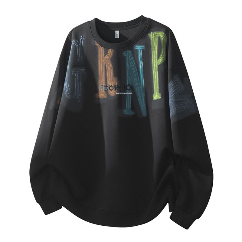 Men's Casual Korean Style Printed Round Neck Sweatshirt - Trendy Graphic Long Sleeve Pullover (M-4XL, White/Black/Deep Brown/Beige)_viptrois.com