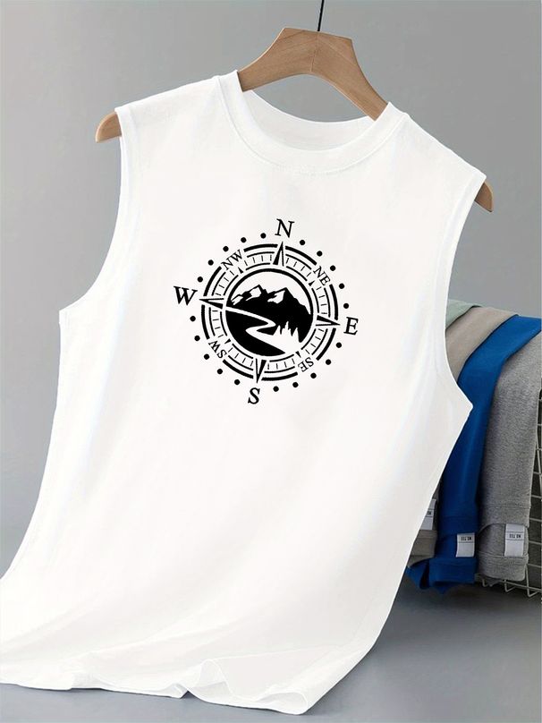 100% Pure Cotton Men's Summer Casual Sports Fitness Loose Mountain And Compass Pattern Printed Breathable Round Neck Sleeveless Vest_viptrois.com