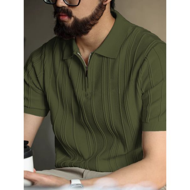 Men's Polo Shirt Knitwear Short Sleeve Collared Half Zipper Striped Old Money Style Ice Silk T-Shirt Summer_viptrois.com