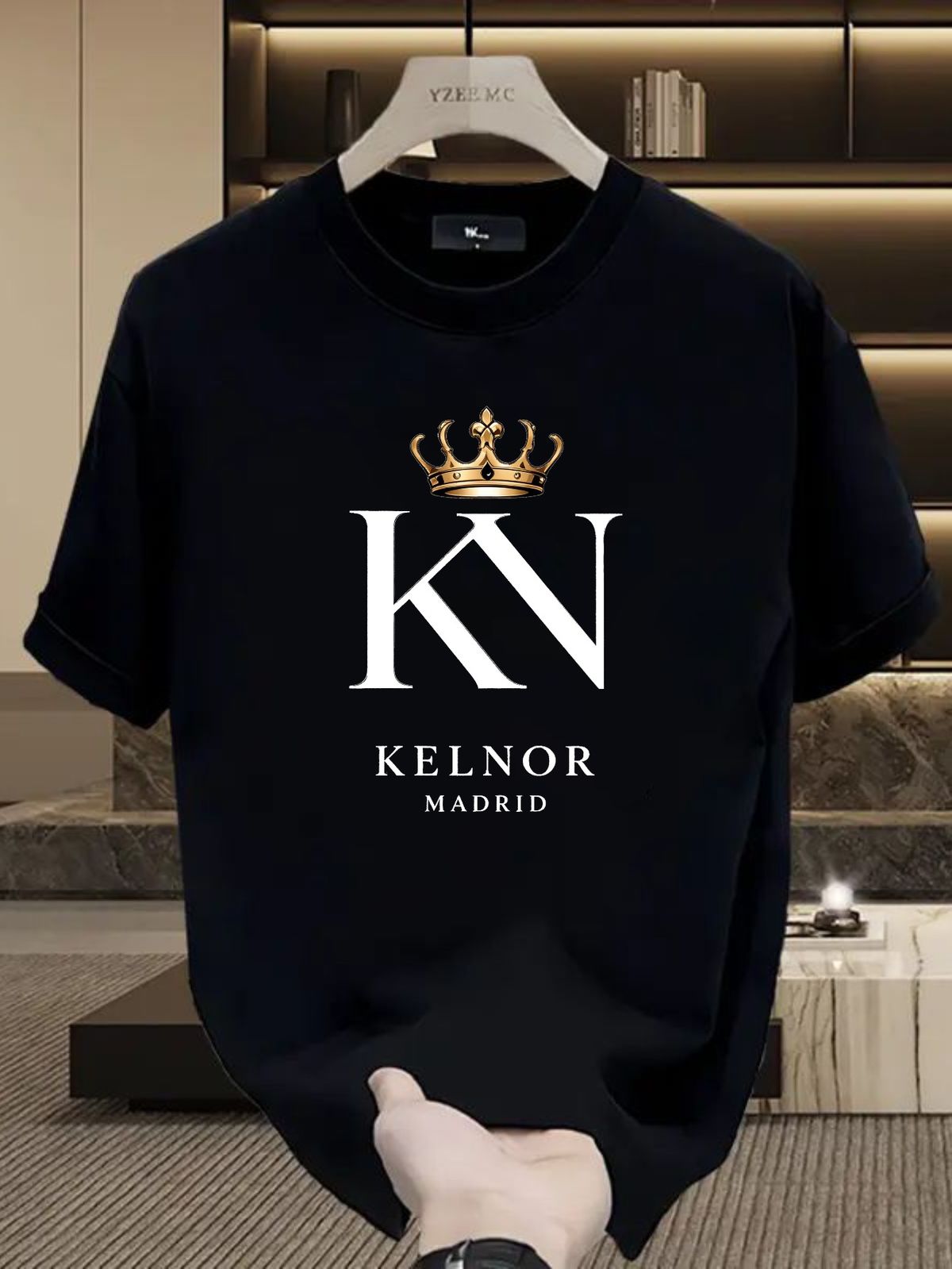 Mens Madrid Luxury Golden Crown KN Letter Print 100% Cotton Black Tee Casual Round Neck Short Sleeve Top_viptrois.com