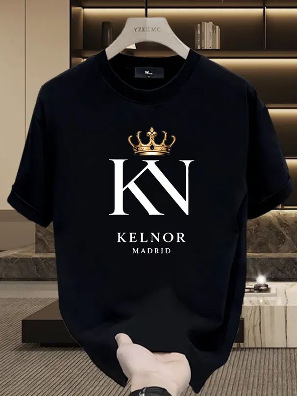 Mens Madrid Luxury Golden Crown KN Letter Print 100% Cotton Black Tee Casual Round Neck Short Sleeve Top_viptrois.com
