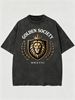 Summer Washed Cotton T-Shirt, Men's Golden Society Lion Crest Print, Luxury Casual Style, Oversized Tee_viptrois.com