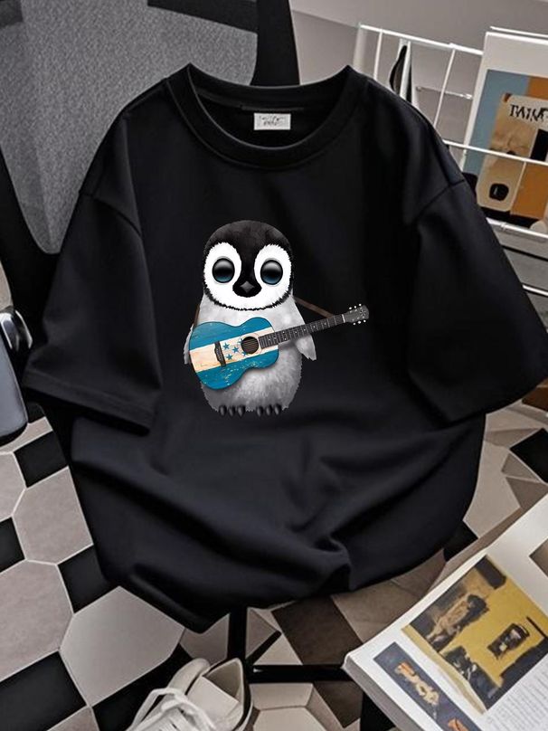 Baby Penguin Playing Honduras Flag Guitar T-Shirt Breathable Homme Casual Designer Clothes Top For Everyday Wear Comfortable Soft Summer Unisex_viptrois.com