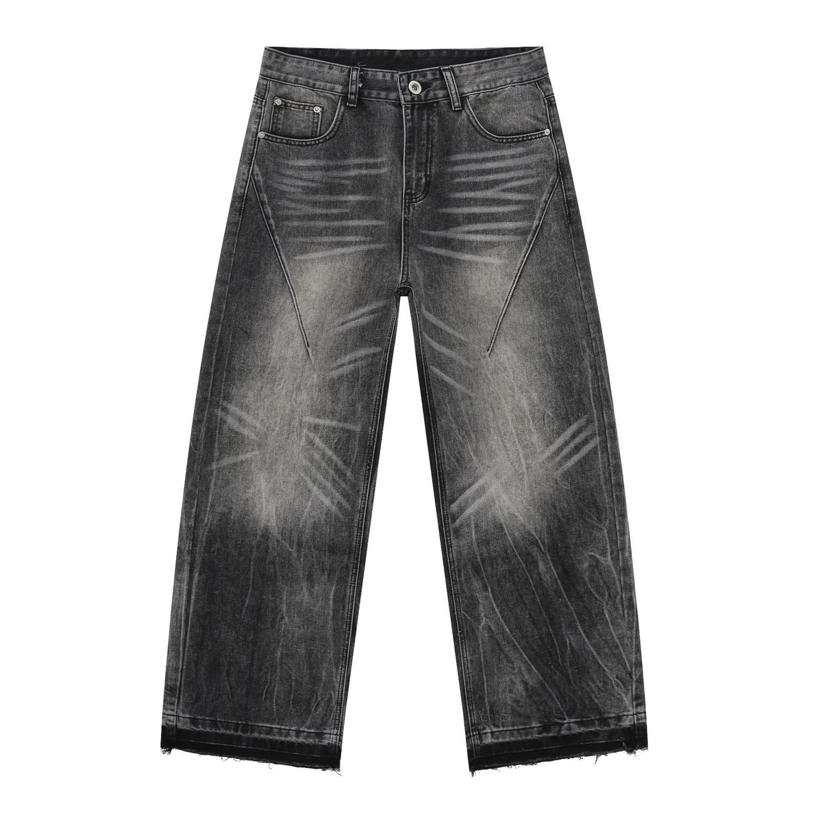 Men's Clothing New Raw Edge Washed Grey Jeans Men's Personalized Cat Whisker Loose Straight Wide Leg Trousers_viptrois.com