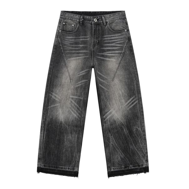 Men's Clothing New Raw Edge Washed Grey Jeans Men's Personalized Cat Whisker Loose Straight Wide Leg Trousers_viptrois.com