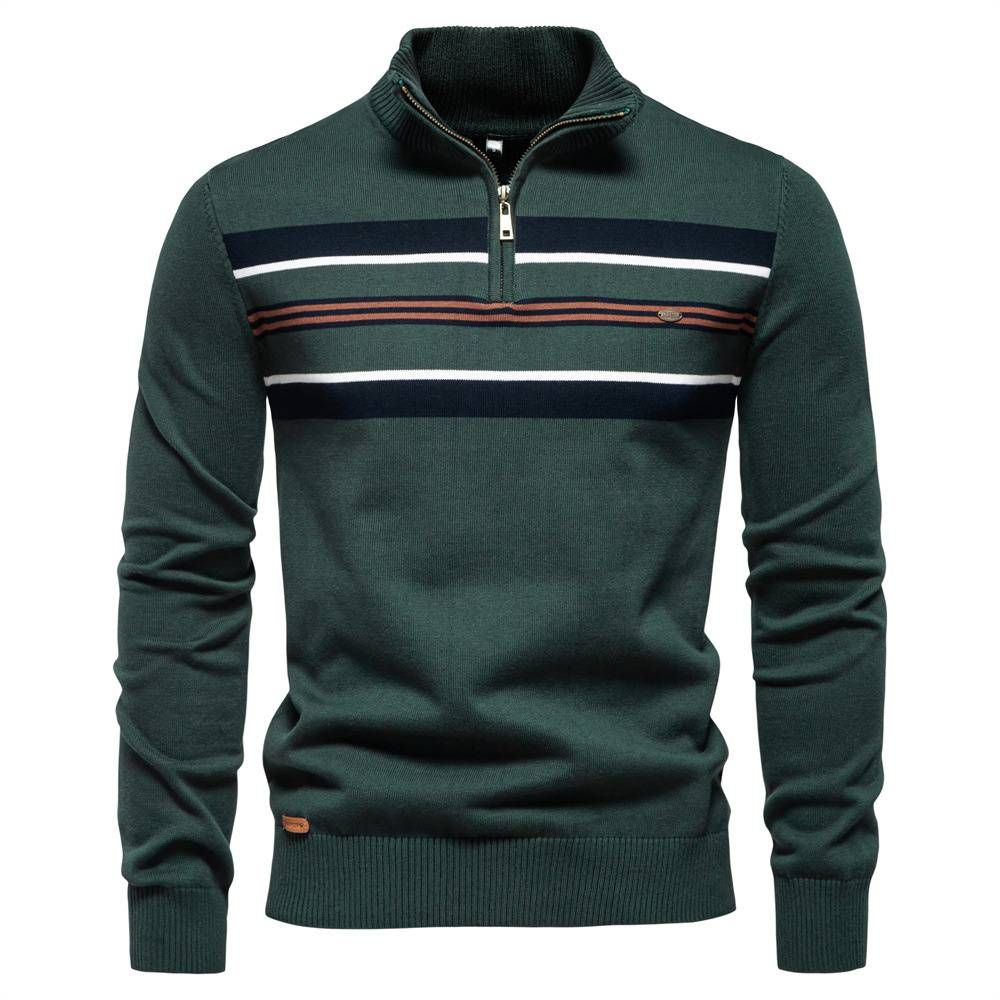 2025 High Quality Fashion Pullovers Men's Cotton Stand Collar Half Zipper Striped Long Sleeve Casual Loose Sweater_viptrois.com